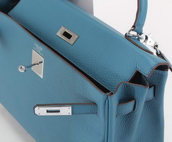 Hermes Kelly 32cm Togo Leather Handbags 6018 Blue Silver Hermes Kelly 32cm Togo Leather Handbags 6018 Blue Silver