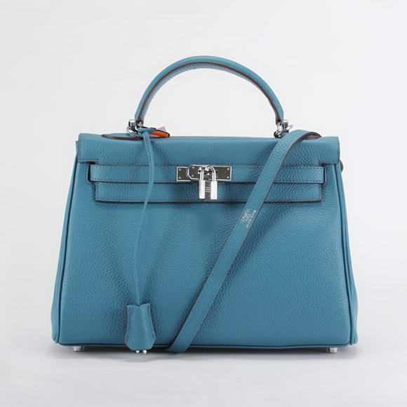 Hermes Kelly 32cm Togo Leather Handbags 6018 Blue Silver Hermes Kelly 32cm Togo Leather Handbags 6018 Blue Silver