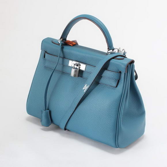 Hermes Kelly 32cm Togo Leather Handbags 6018 Blue Silver Hermes Kelly 32cm Togo Leather Handbags 6018 Blue Silver