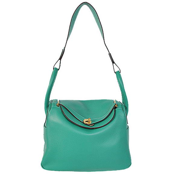 Hermes Lindy 30CM Havanne Handbags 1057 Green Leather Golden Hardware