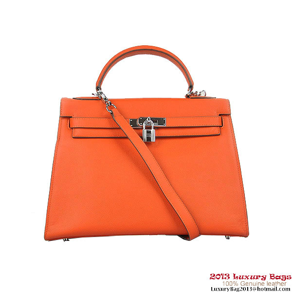 Hermes Kelly 32cm Shoulder Bags H6108 Orange Leather Silver