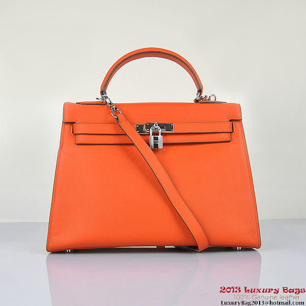 Hermes Kelly 32cm Shoulder Bags H6108 Orange Leather Silver Hermes Kelly 32cm Shoulder Bags H6108 Orange Leather Silver