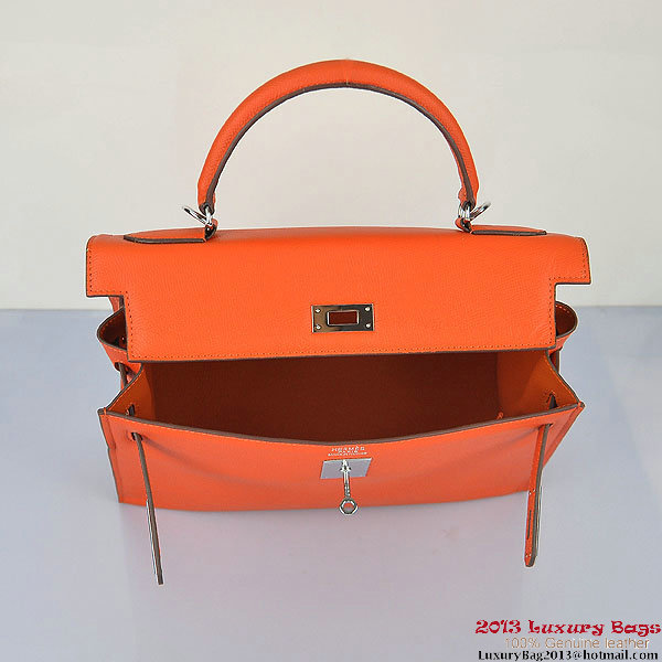 Hermes Kelly 32cm Shoulder Bags H6108 Orange Leather Silver Hermes Kelly 32cm Shoulder Bags H6108 Orange Leather Silver