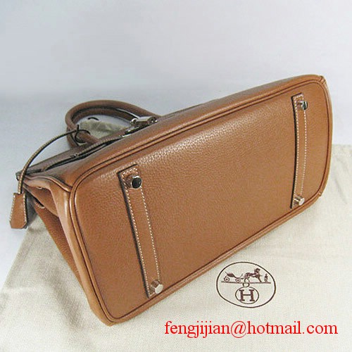 Hermes 35cm Embossed Veins Leather Bag Light Coffee 6089 Silver Hardware