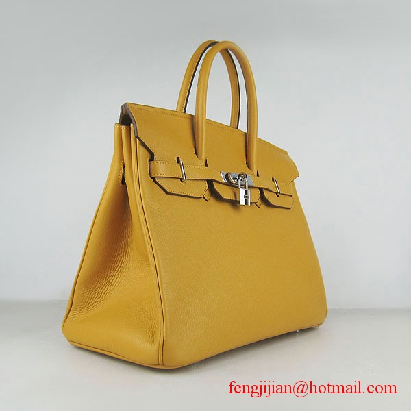 Hermes 35cm Embossed Veins Leather Bag Yellow 6089 Silver Hardware Hermes 35cm Embossed Veins Leather Bag Yellow 6089 Silver Hardware