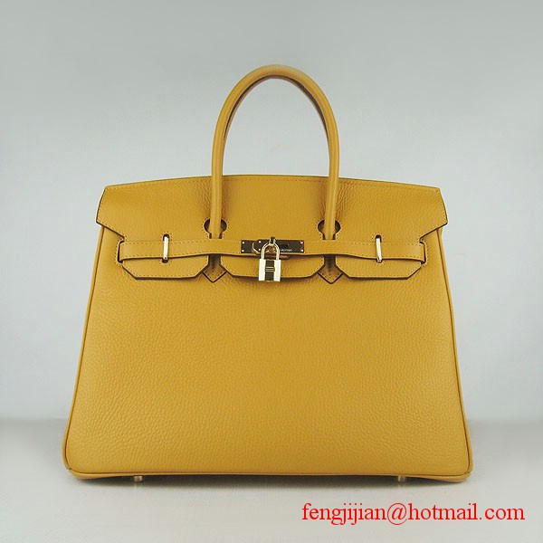 Hermes 35cm Embossed Veins Leather Bag Yellow 6089 Gold Hardware